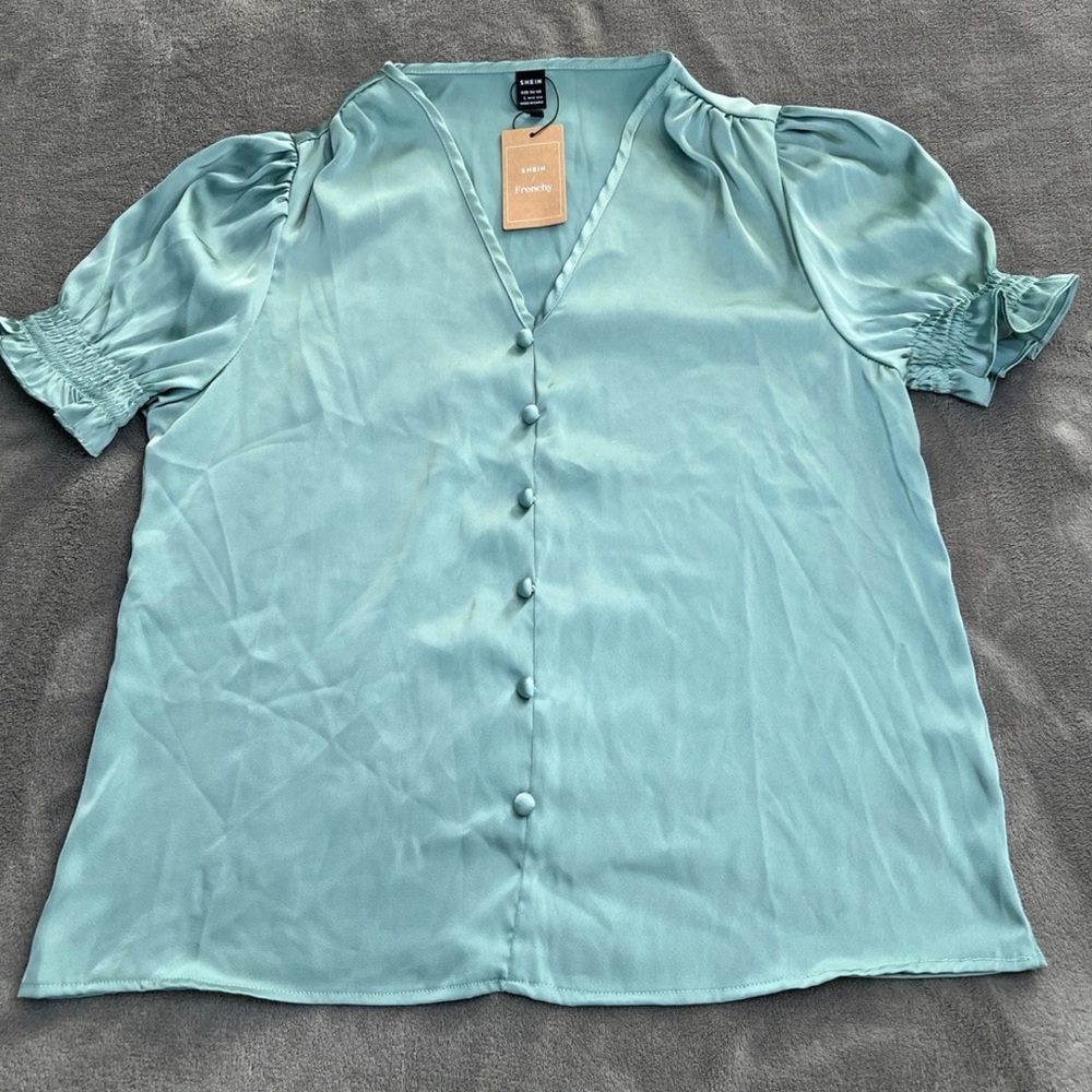 SHEIN Frenchy Puff Sleeve Button Front Blouse Cadet Blue Size L